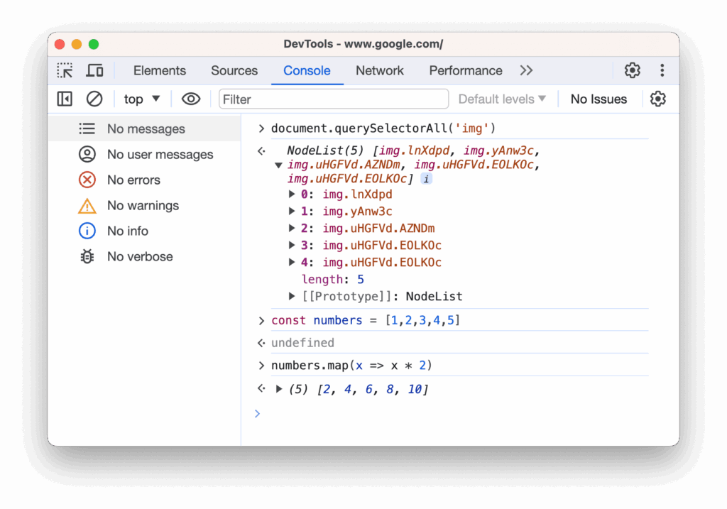 google devtools console panel