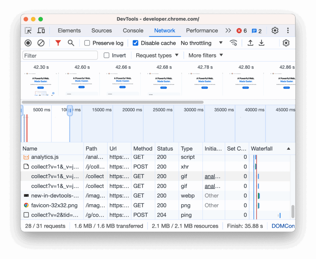google devtools network panel