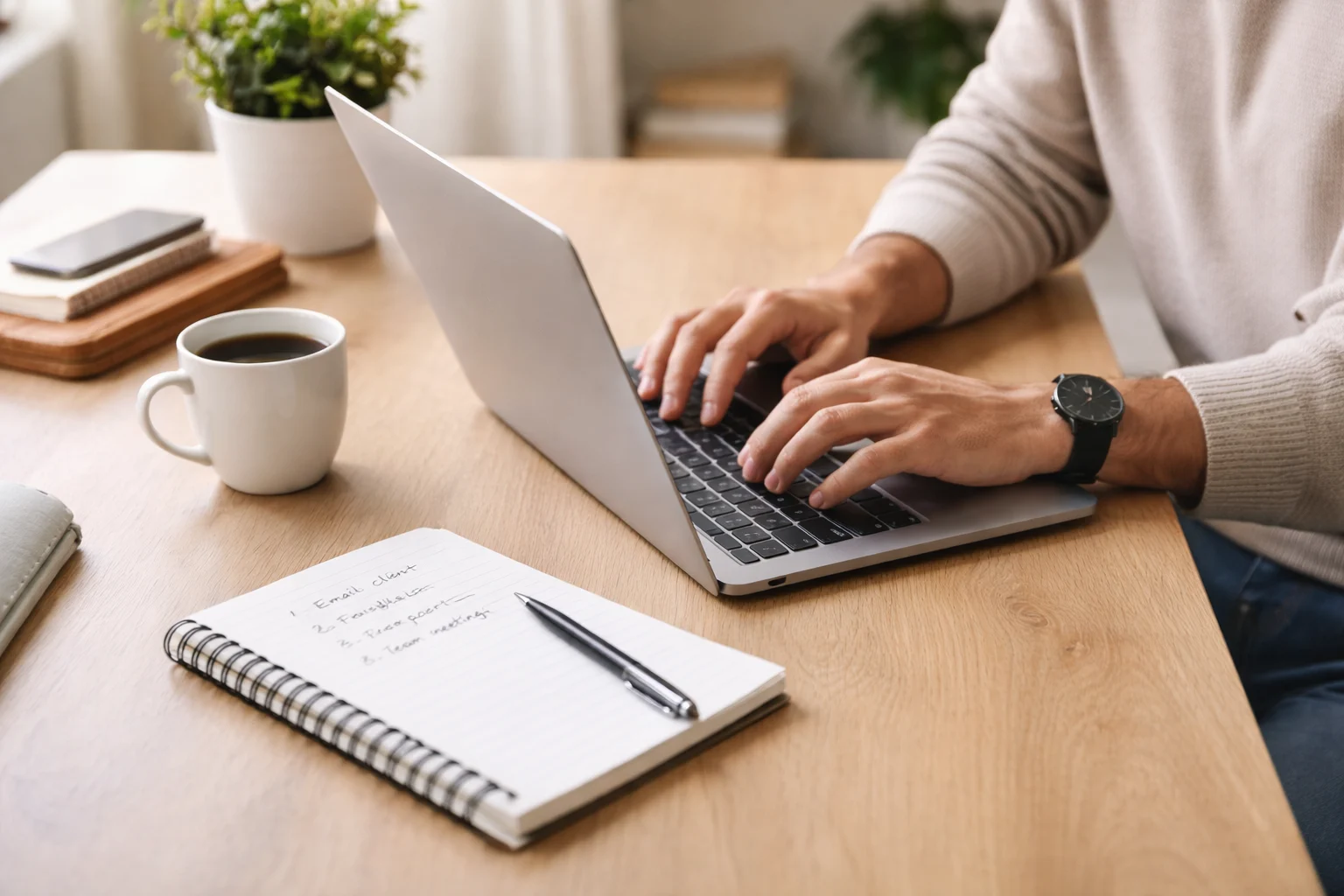 Person working with a laptop and notebook