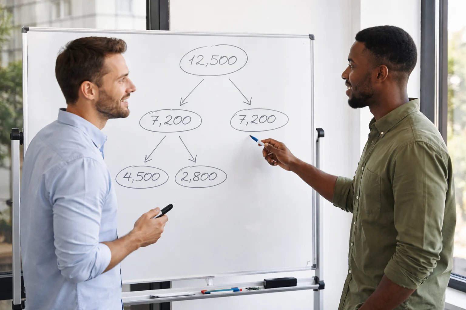 Two coworkers discussing marketing metrics