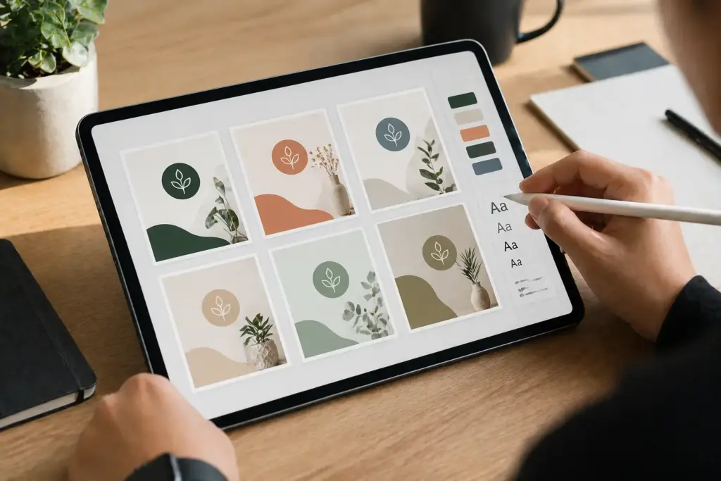 Designer using a tablet to create social media templates with multiple colour variations