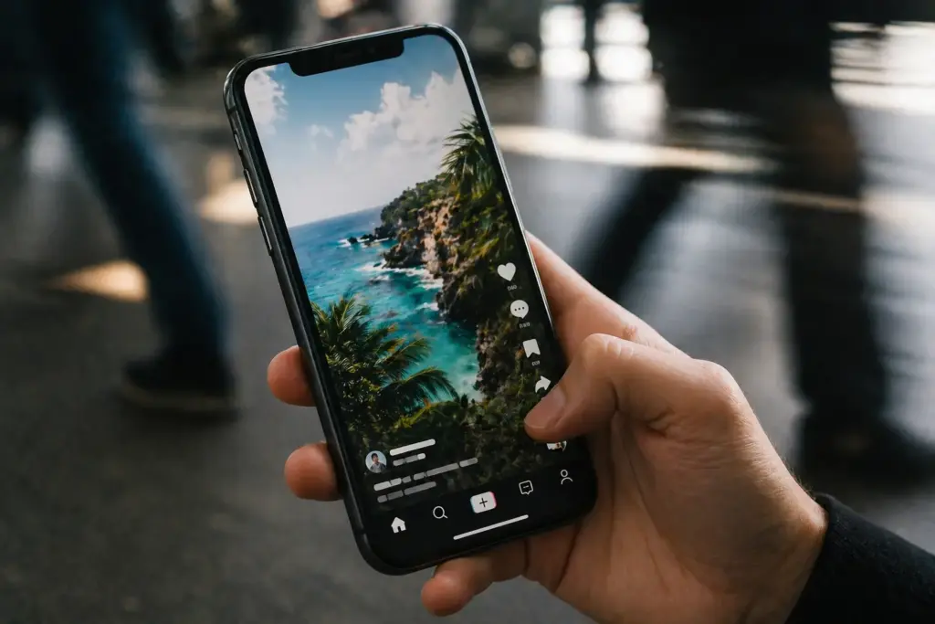 Hand holding a smartphone showing a vertical short video with thumb about to scroll