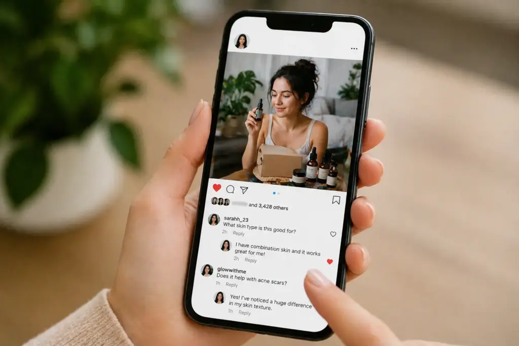 Smartphone displaying a product post with active comments and replies from followers